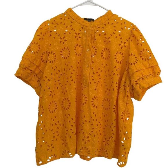 NWT J.Crew Size 3X Puff-Sleeve Popover Top In Eyelet Sweet Marigold Embroidered - Picture 5 of 8